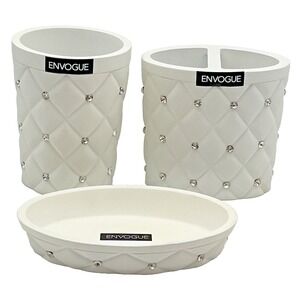ENVOGUE 3 Pc White Resin Crystals Toothbrush Holder, Soap Dish, Tumbler - NEW